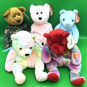 Ty Beanie Baby Bear Lot of 5 Hero Cure Mellow Its A Boy July Birthday Plush Toys